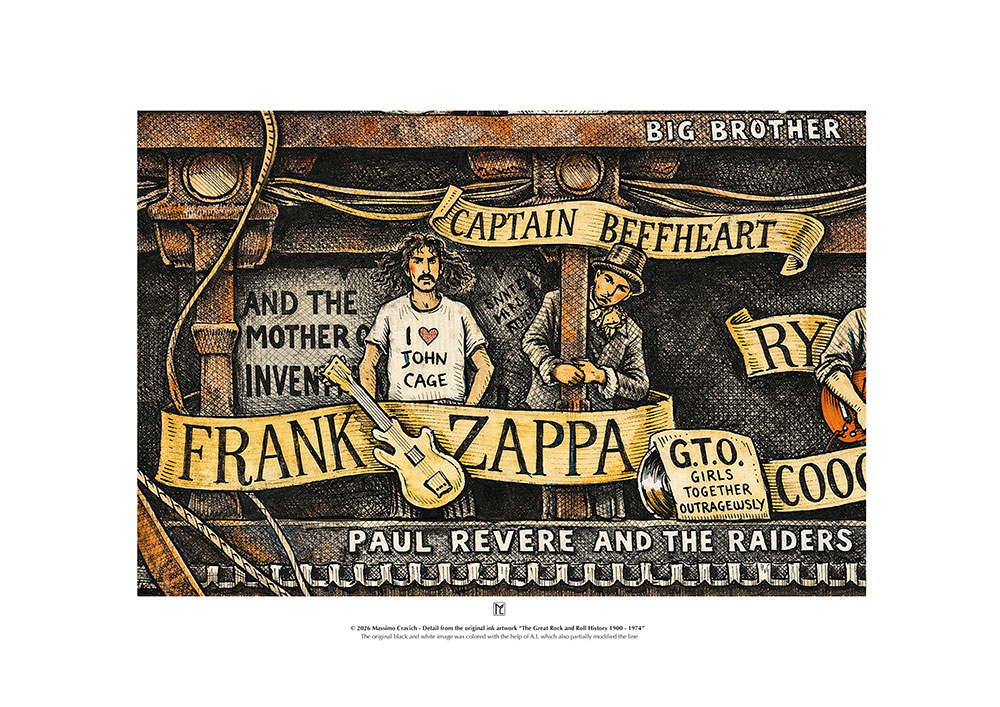 Color poster depicting Frank Zappa from The Great Rock and Roll History by Massimo Cravich