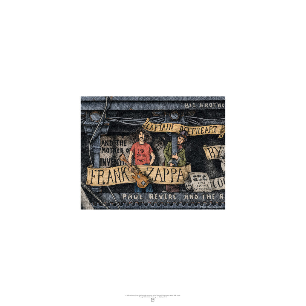 Color poster depicting Frank Zappa from The Great Rock and Roll History by Massimo Cravich