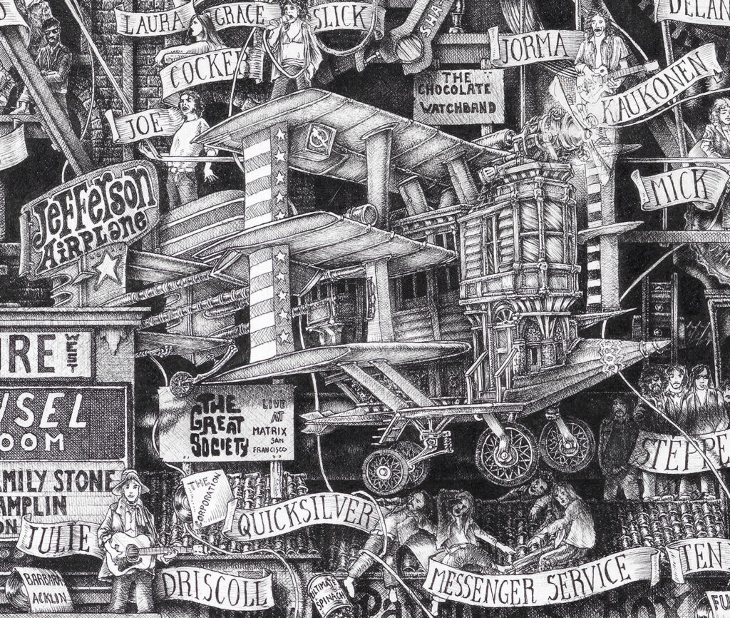 Jefferson-Airplane-bw A black and white allegorical drawing depicting the jefferson airplane and other musicians