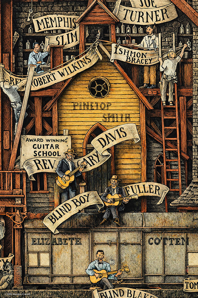 Rev. Gary Davis playing guitar in front of the church, colorized from the drawing "The Great Rock and Roll History 1900-1974"