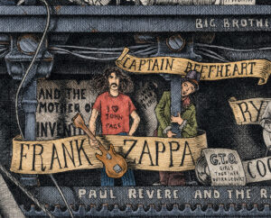 Color illustration depicting Frank Zappa from the drawing "The Great Rock and Roll History" by Massimo Cravich