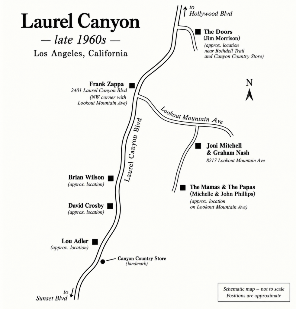 A map showing the musicians living in Laurel Canyon, Los Angeles, in the late 60'