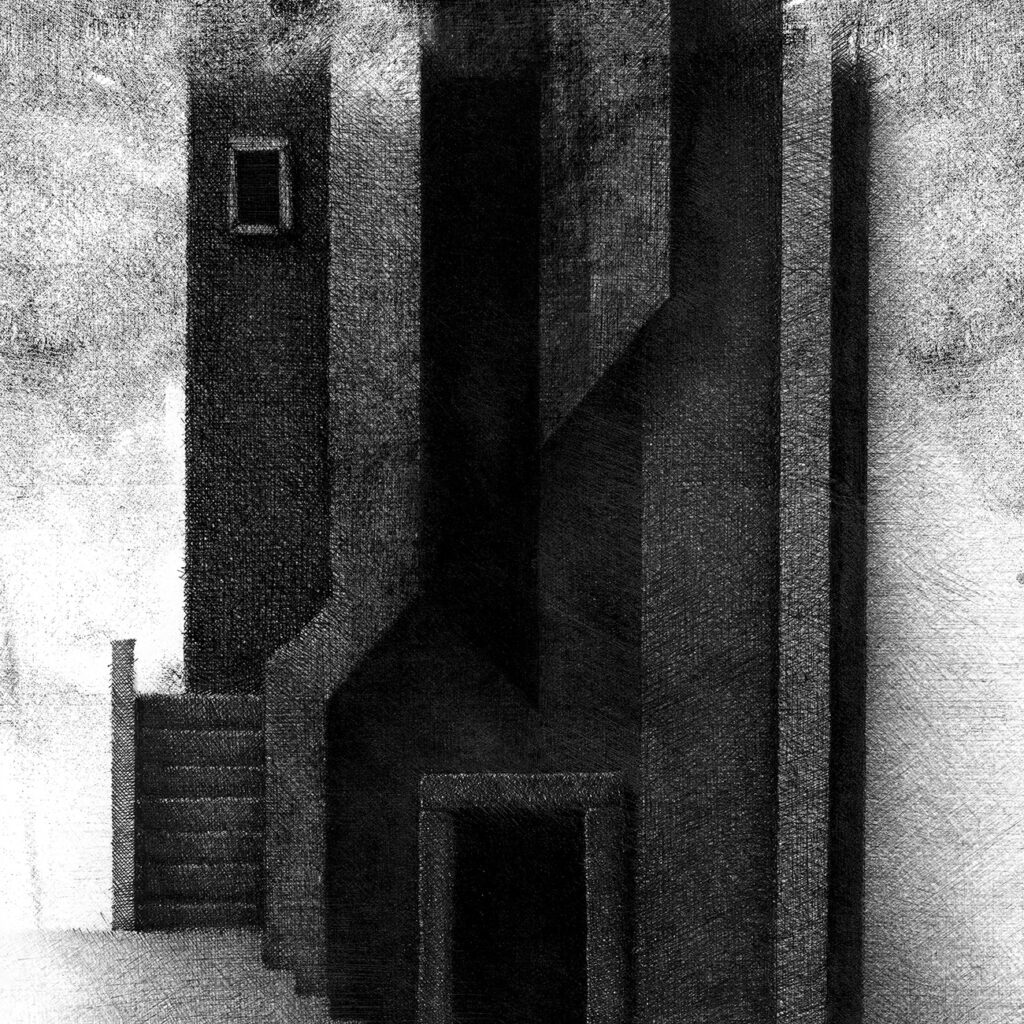 Ink drawing with architectural elements and abstract touches, sketch on cardboard for another work.