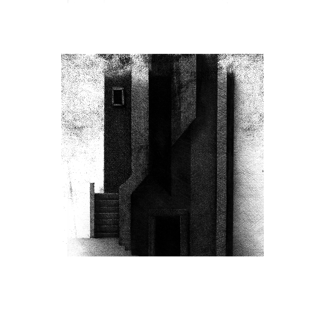 Ink drawing with architectural elements and abstract touches, sketch on cardboard for another work.