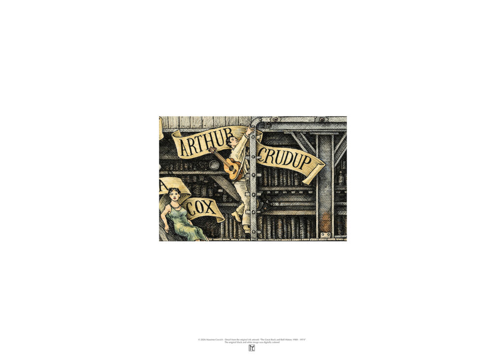 Color poster depicting Arthur Crudup from the drawing "The Great Rock and Roll History" by Massimo Cravich