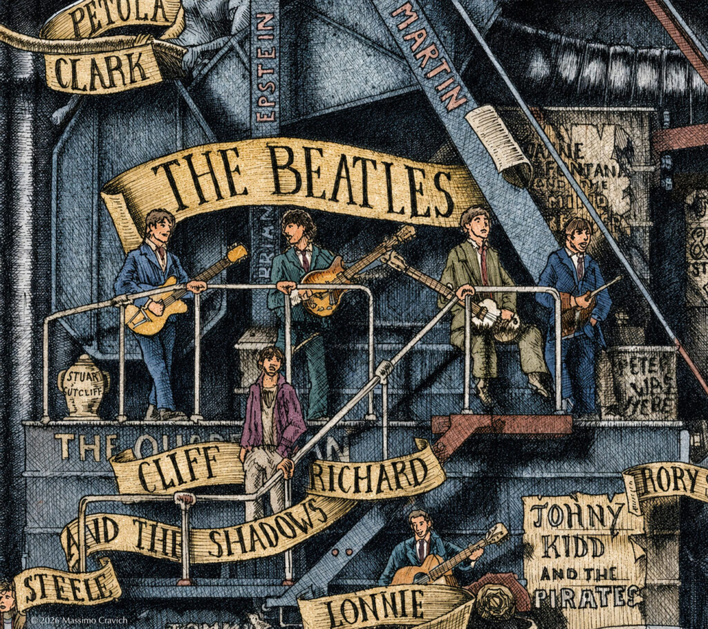 Beatles-Color Color illustration depicting The Beatles from the drawing "The Great Rock and Roll History" by Massimo Cravich