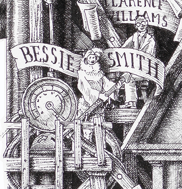 Original Black and White illustration depicting Bessie Smith from the drawing "The Great Rock and Roll History" by Massimo Cravich