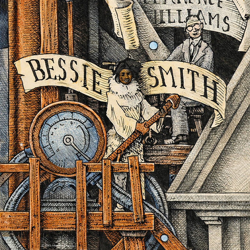 Color illustration depicting Bessie Smith from the drawing "The Great Rock and Roll History" by Massimo Cravich