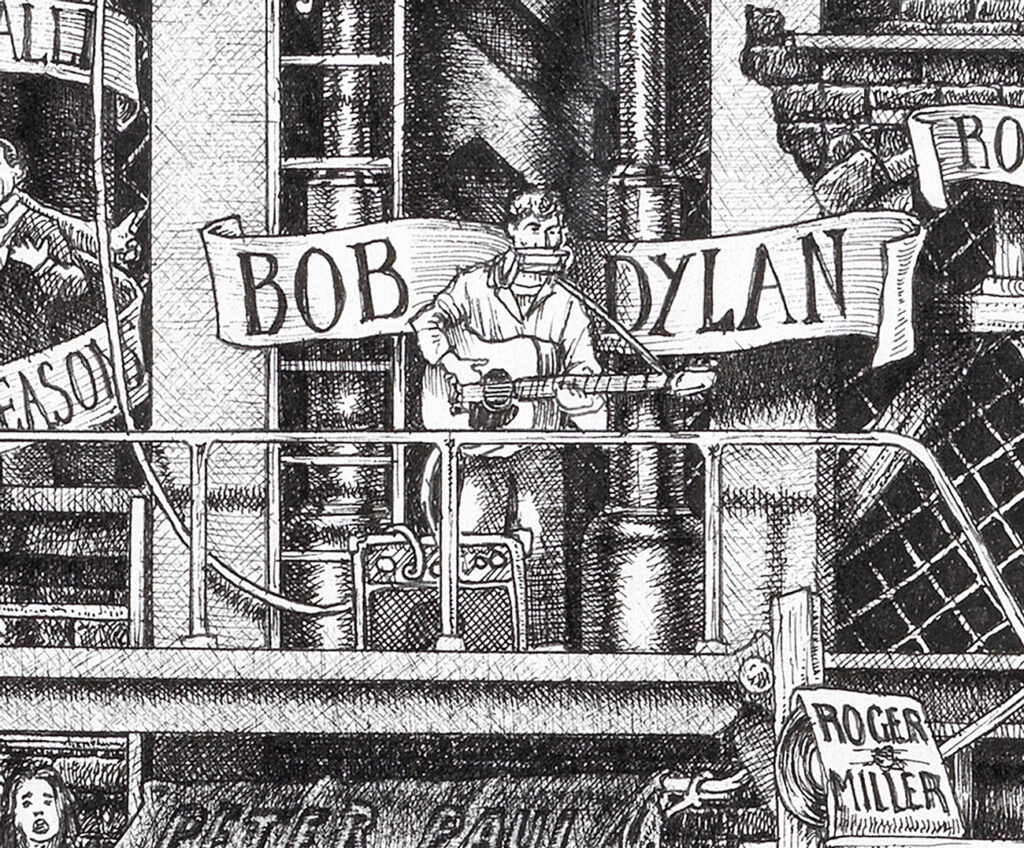 Original Black and White illustration depicting Bob Dylan from the drawing "The Great Rock and Roll History" by Massimo Cravich