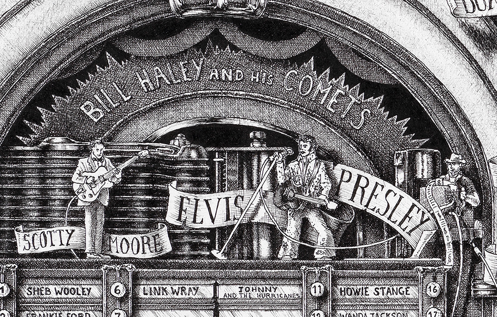 Elvis-BW Original black and white ink drawing depicting Elvis Presley from the drawing "The Great Rock and Roll History"