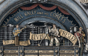 Color illustration depicting Elvis Presley from the drawing "The Great Rock and Roll History"