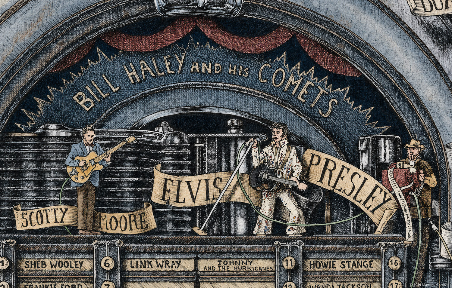 Elvis-Color Color illustration depicting Elvis Presley from the drawing "The Great Rock and Roll History"