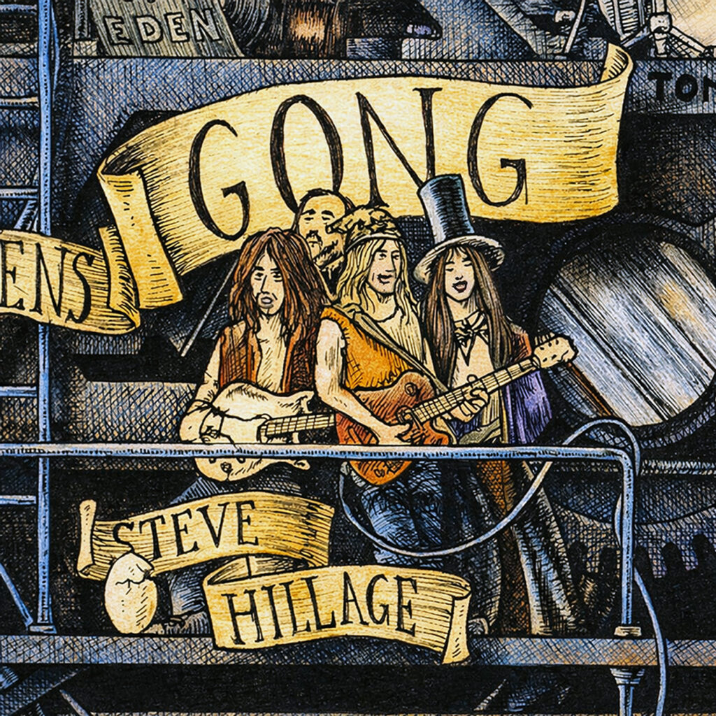 Color illustration depicting the Gong Band from the drawing "The Great Rock and Roll History"