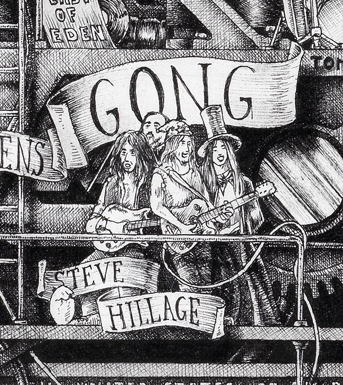 Gong-color-BW Original black and white ink drawing depicting the Gong Band, from the drawing "The Great Rock and Roll History"