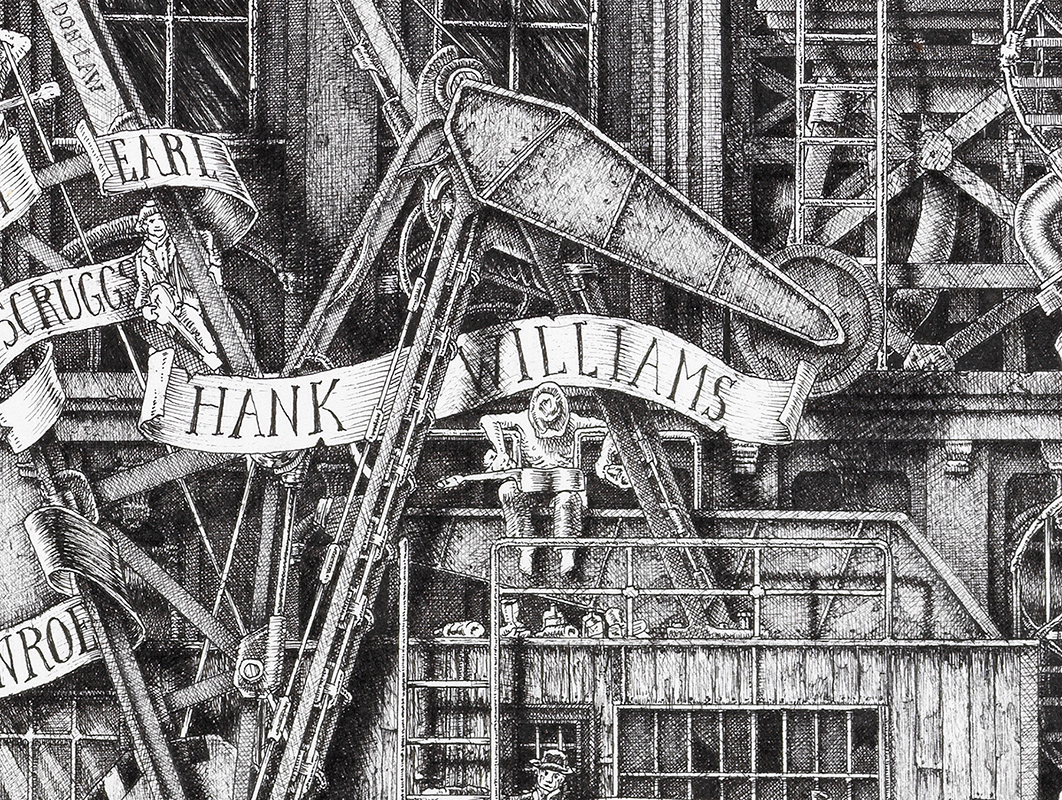 Hank-Williams-BWe Original Black and White illustration depicting Hank Williams from the drawing "The Great Rock and Roll History" by Massimo Cravich