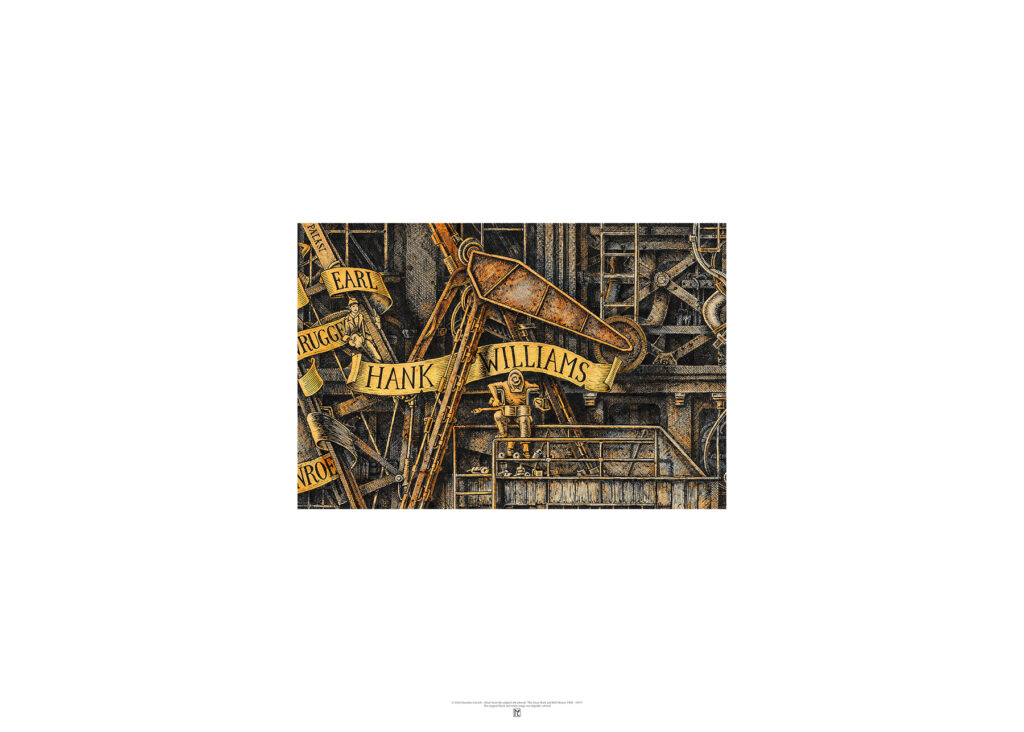 Color poster depicting Hank Williams from The Great Rock and Roll History by Massimo Cravich