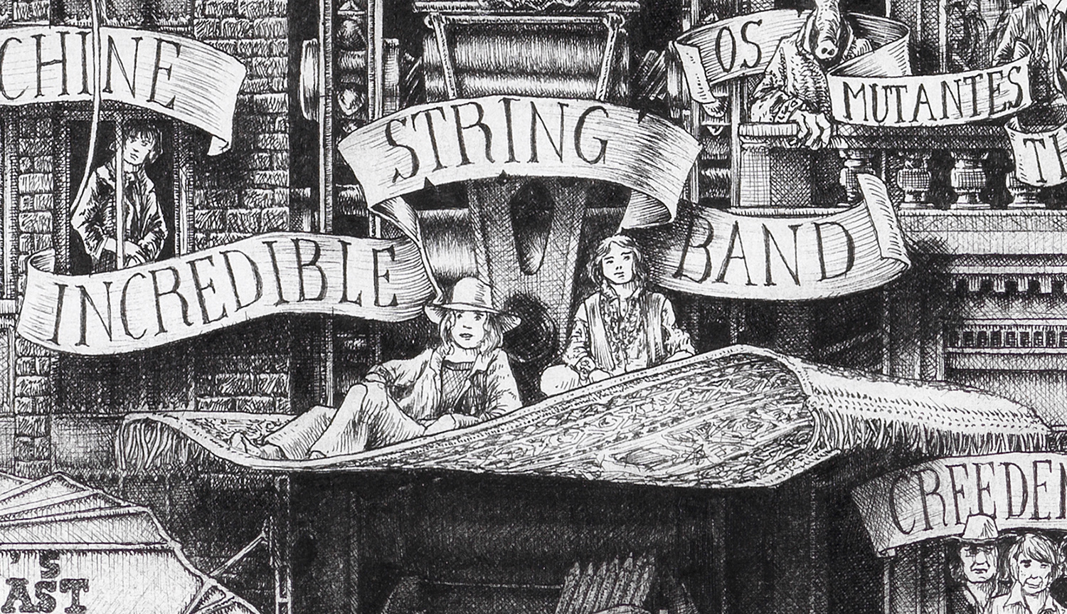 Incredible-String-Band-BW Original black and white ink drawing depicting the Incredible String Band, from the drawing "The Great Rock and Roll History"