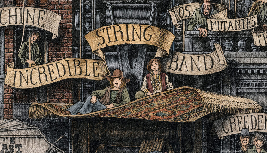 Color illustration depicting the Incredible String Band from the drawing "The Great Rock and Roll History"