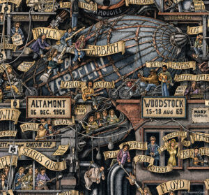 A color allegorical drawing depicting the rock band Led Zeppelin and other musicians