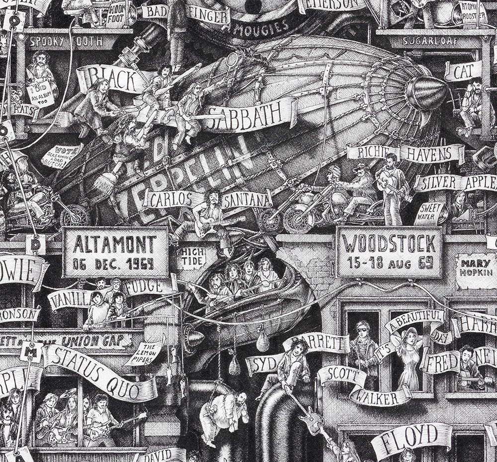 Original black and white ink drawing depicting Led Zeppelin Band, from the drawing "The Great Rock and Roll History"