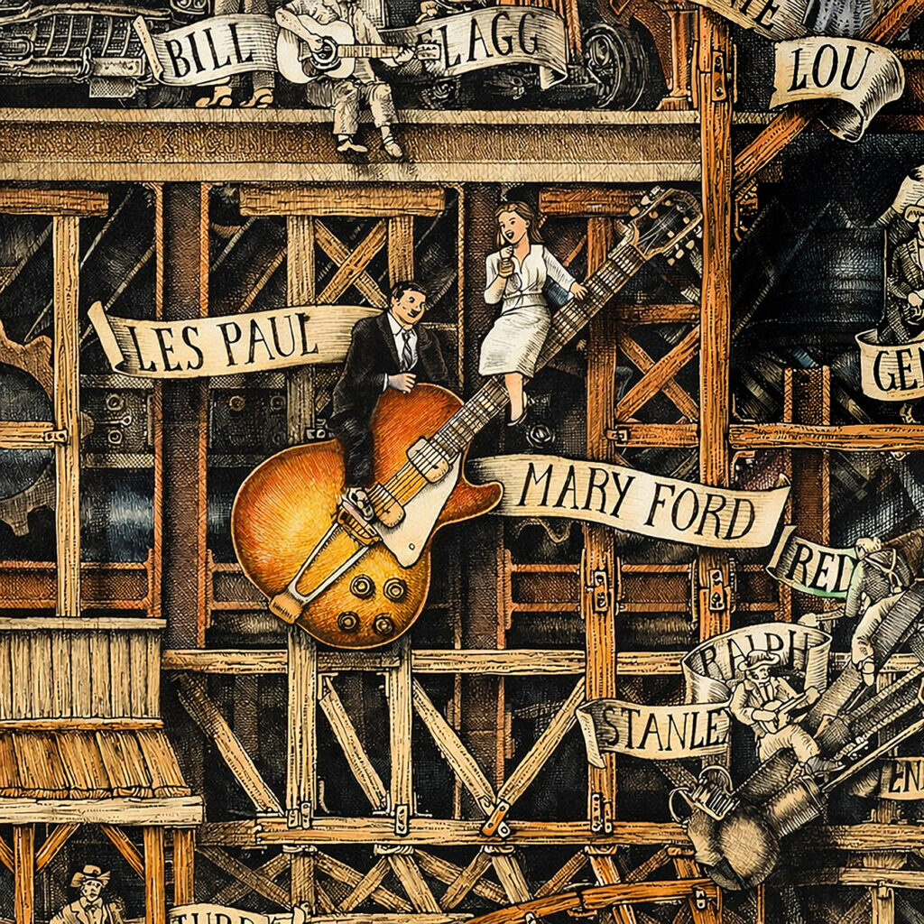 Second, much more colorful version of an illustration of Les Paul and Mary Ford from the drawing "The Great Rock and Roll History"