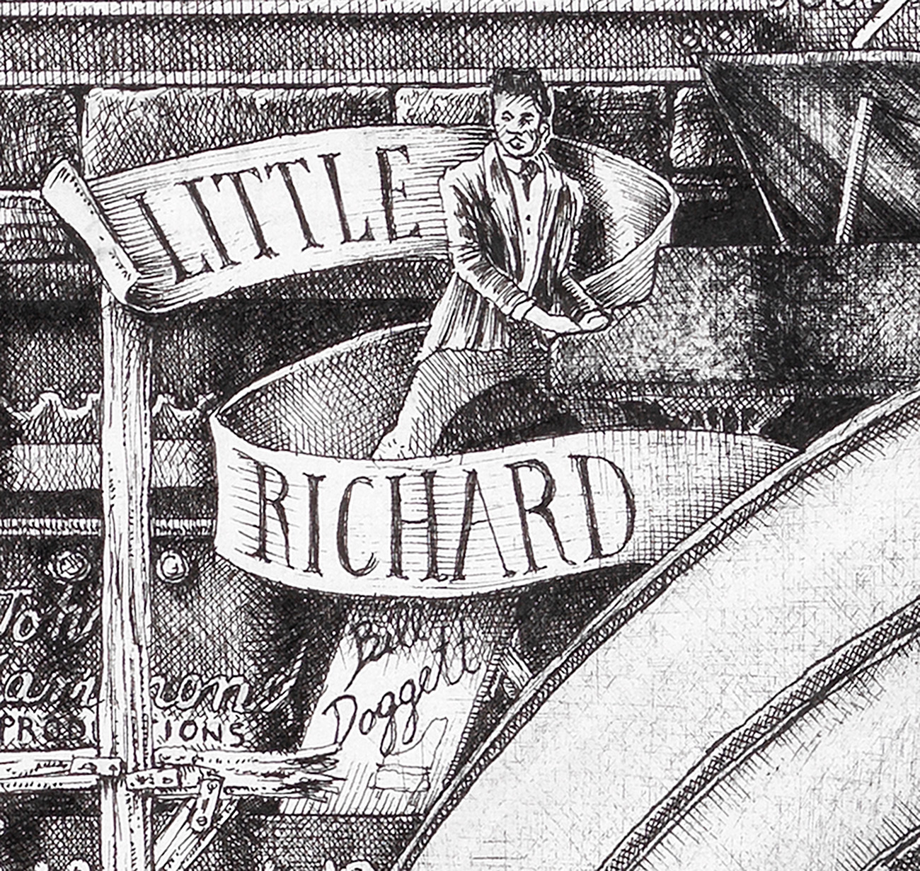 Original Black and White illustration depicting Little Richard from the drawing "The Great Rock and Roll History" by Massimo Cravich