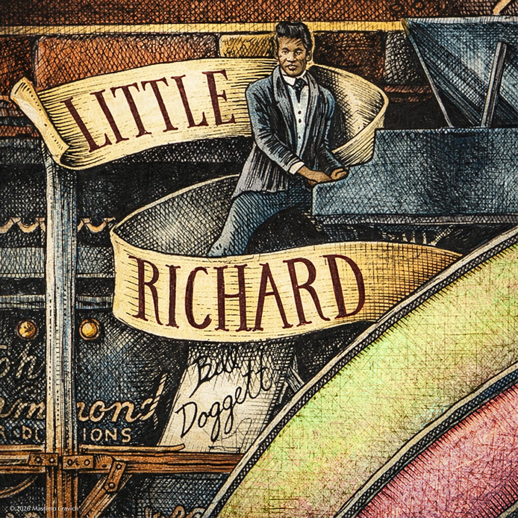 Color illustration depicting Little Richard from the drawing "The Great Rock and Roll History" by Massimo Cravich