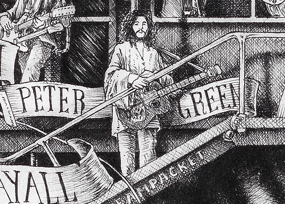 Original Black and White illustration depicting Peter Green from the drawing "The Great Rock and Roll History" by Massimo Cravich