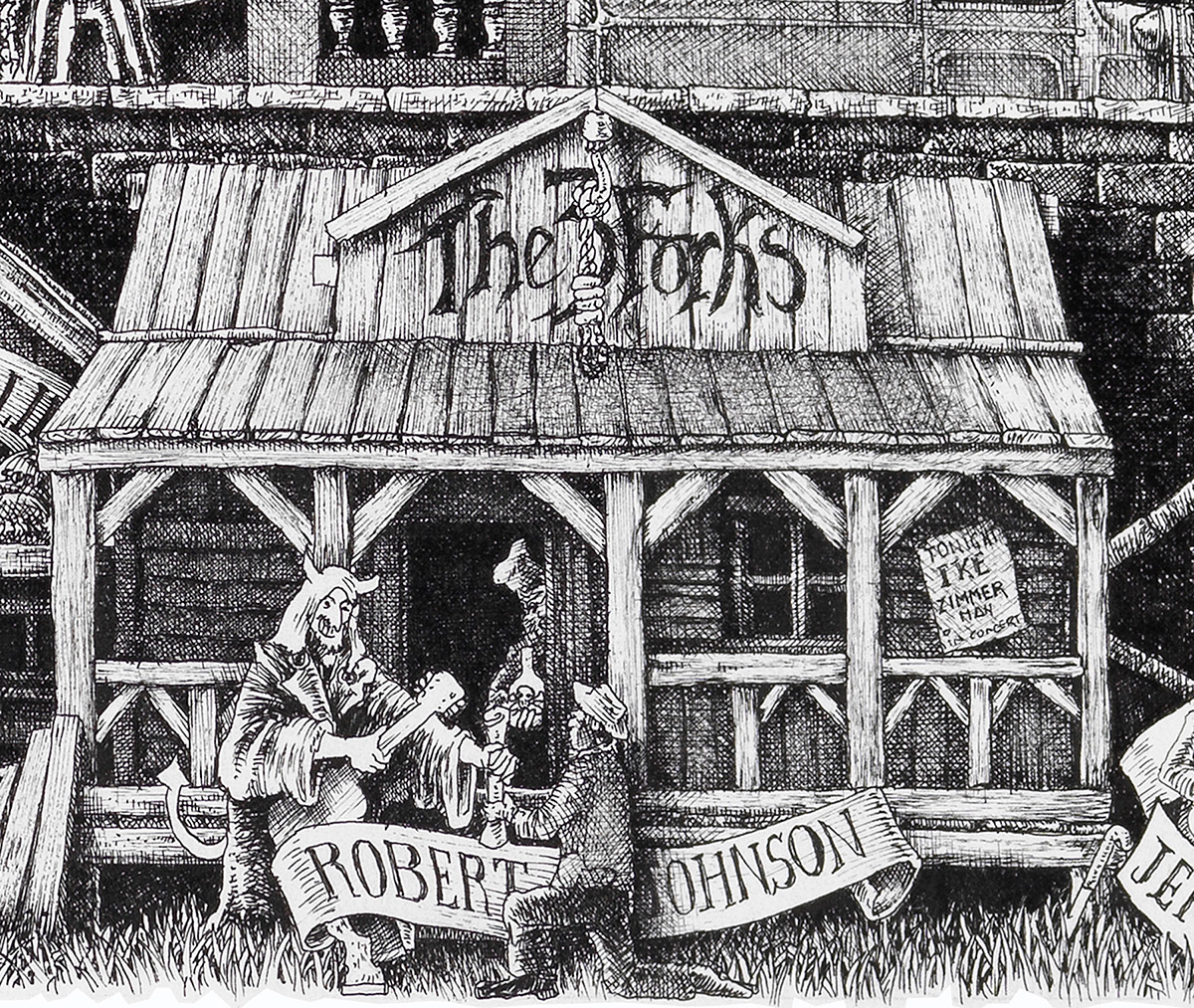 Robert-Johnson-bw Original Black and White illustration depicting Robert Johnson from the drawing "The Great Rock and Roll History" by Massimo Cravich