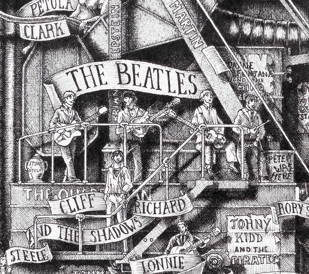 Original Black and White illustration depicting The Beatles from the drawing "The Great Rock and Roll History" by Massimo Cravich