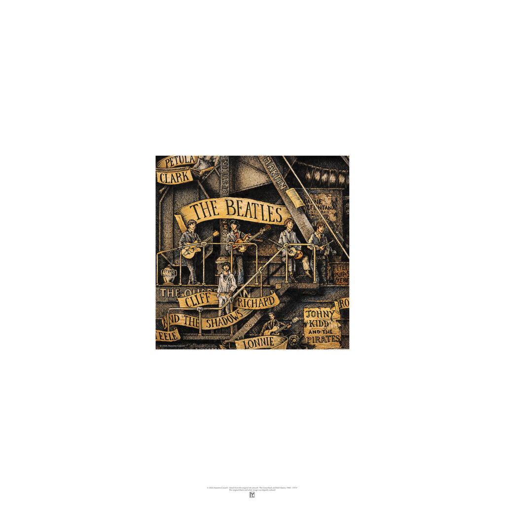 Color poster depicting The Beatles from The Great Rock and Roll History by Massimo Cravich
