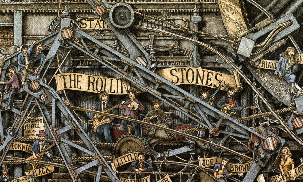 The-Rolling-Stones-Final Color illustration depicting The Rolling Stones from the drawing "The Great Rock and Roll History" by Massimo Cravich