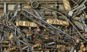 Color illustration depicting The Rolling Stones from the drawing "The Great Rock and Roll History" by Massimo Cravich