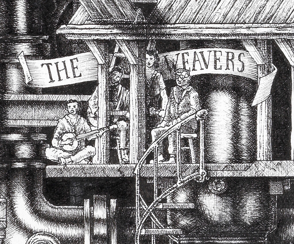 Black and White illustration depicting The Weavers from the drawing "The Great Rock and Roll History" by Massimo Cravich