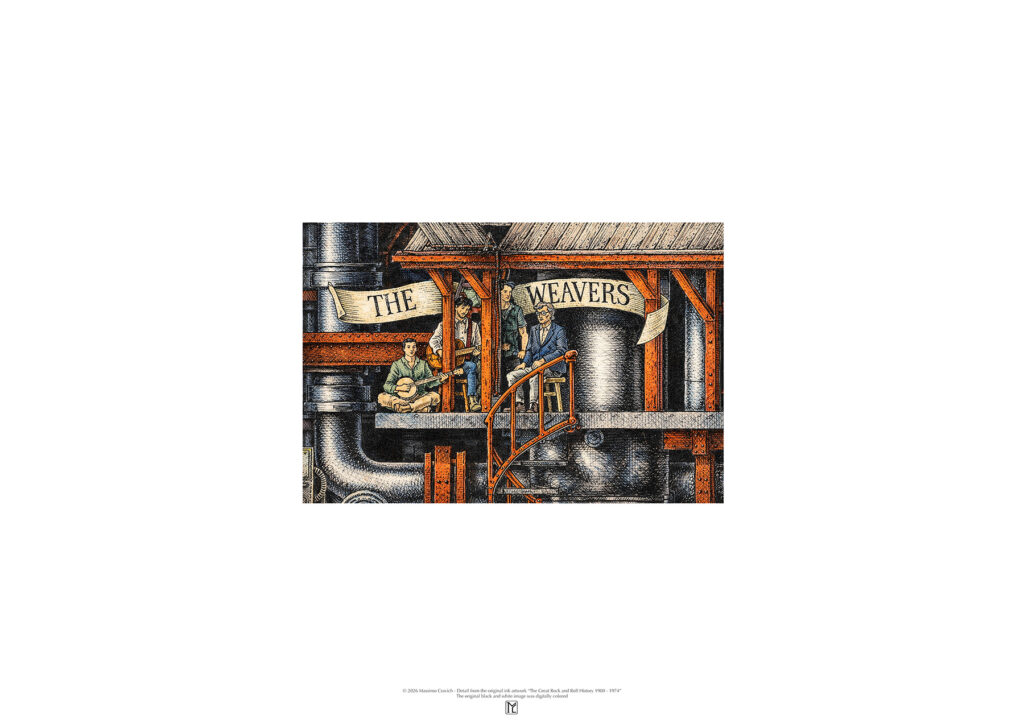 Color poster depicting The Weavers rom The Great Rock and Roll History by Massimo Cravich
