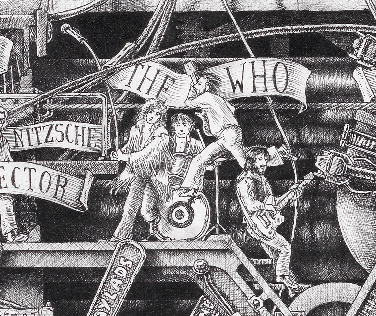 The-Who-BW Original black and white ink drawing depicting The Who from the drawing "The Great Rock and Roll History"
