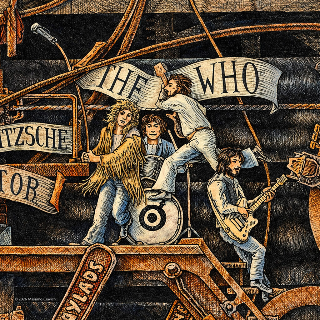 Color illustration depicting The Who from the drawing "The Great Rock and Roll History"