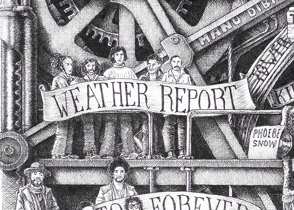 Original Black and White illustration depicting The Weather Report band from the drawing "The Great Rock and Roll History" by Massimo Cravich
