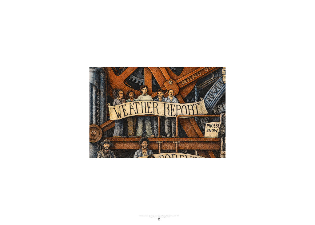 Color poster depicting The Weather Report band from the drawing "The Great Rock and Roll History" by Massimo Cravich