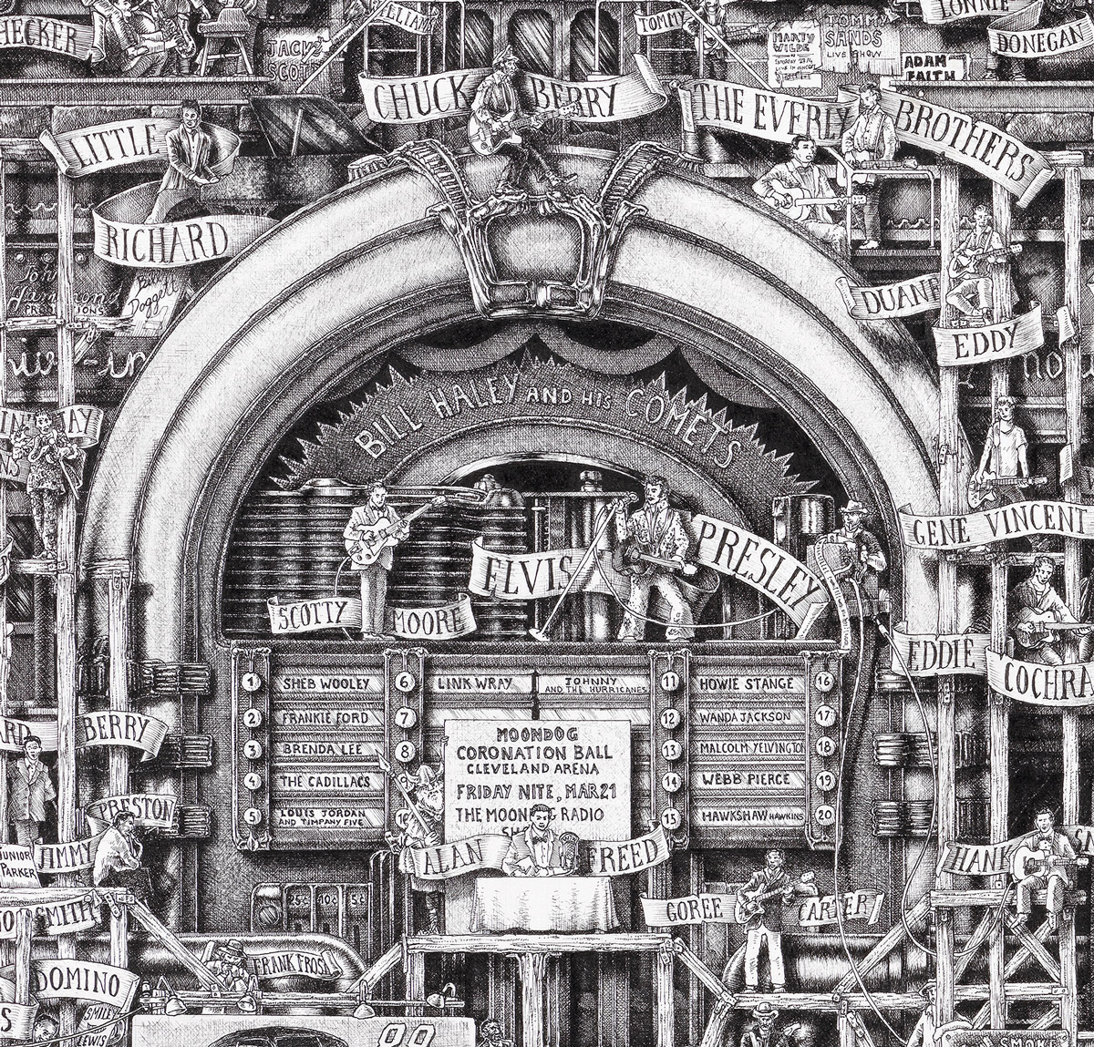A black and white allegorical drawing depicting the great musicians of rock and roll around a Wurlitzer jukebox.