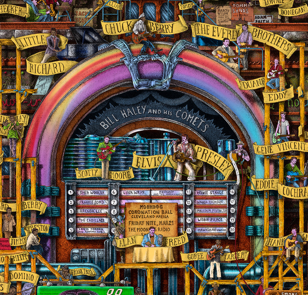 A colored allegorical drawing depicting the great musicians of rock and roll around a Wurlitzer jukebox.
