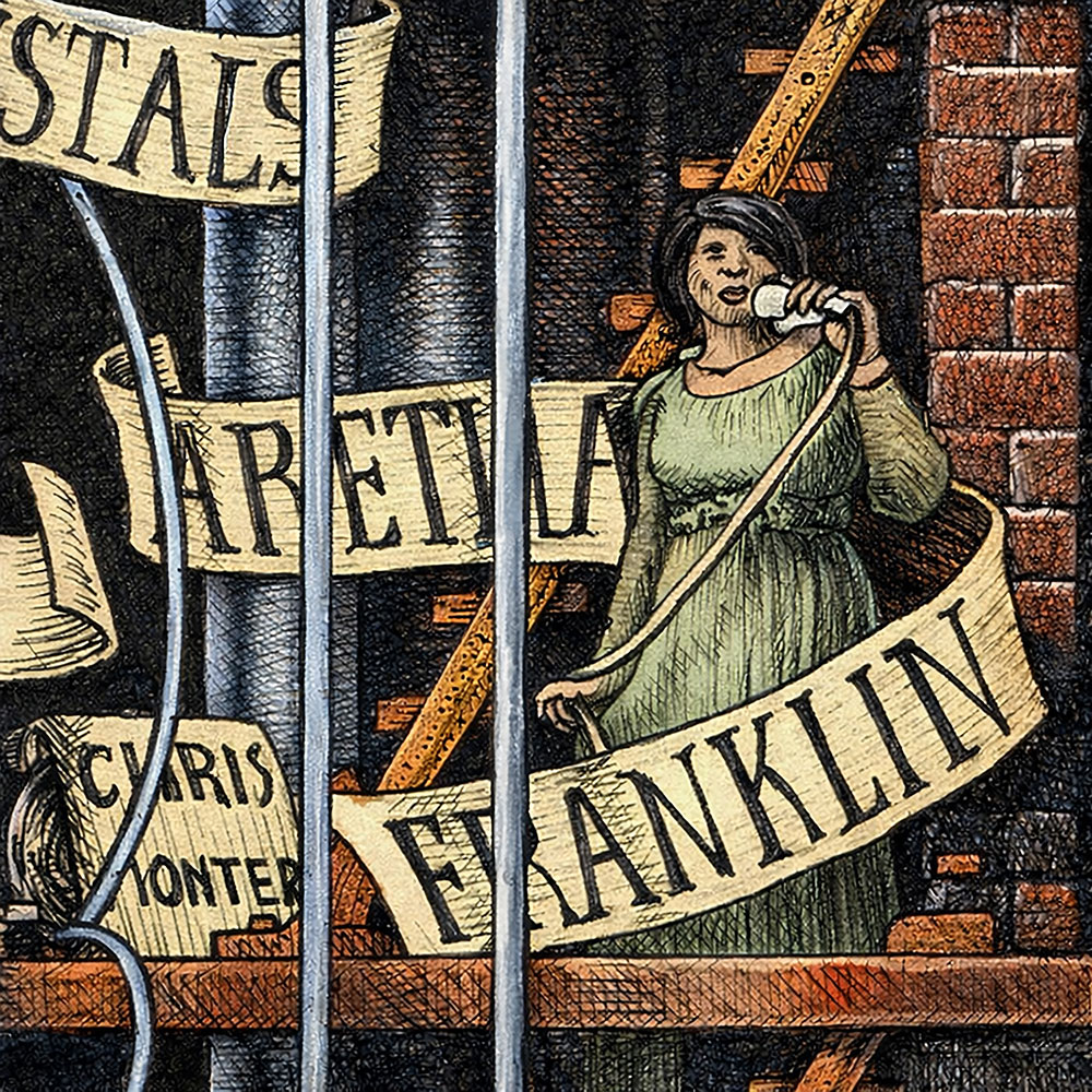 Color illustration depicting Aretha Franklin from the drawing "The Great Rock and Roll History"