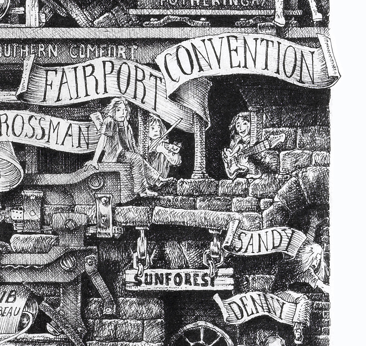 Fairport-Convention-BW Original black and white ink drawing depicting the Jethro Tull from the drawing "The Great Rock and Roll History"