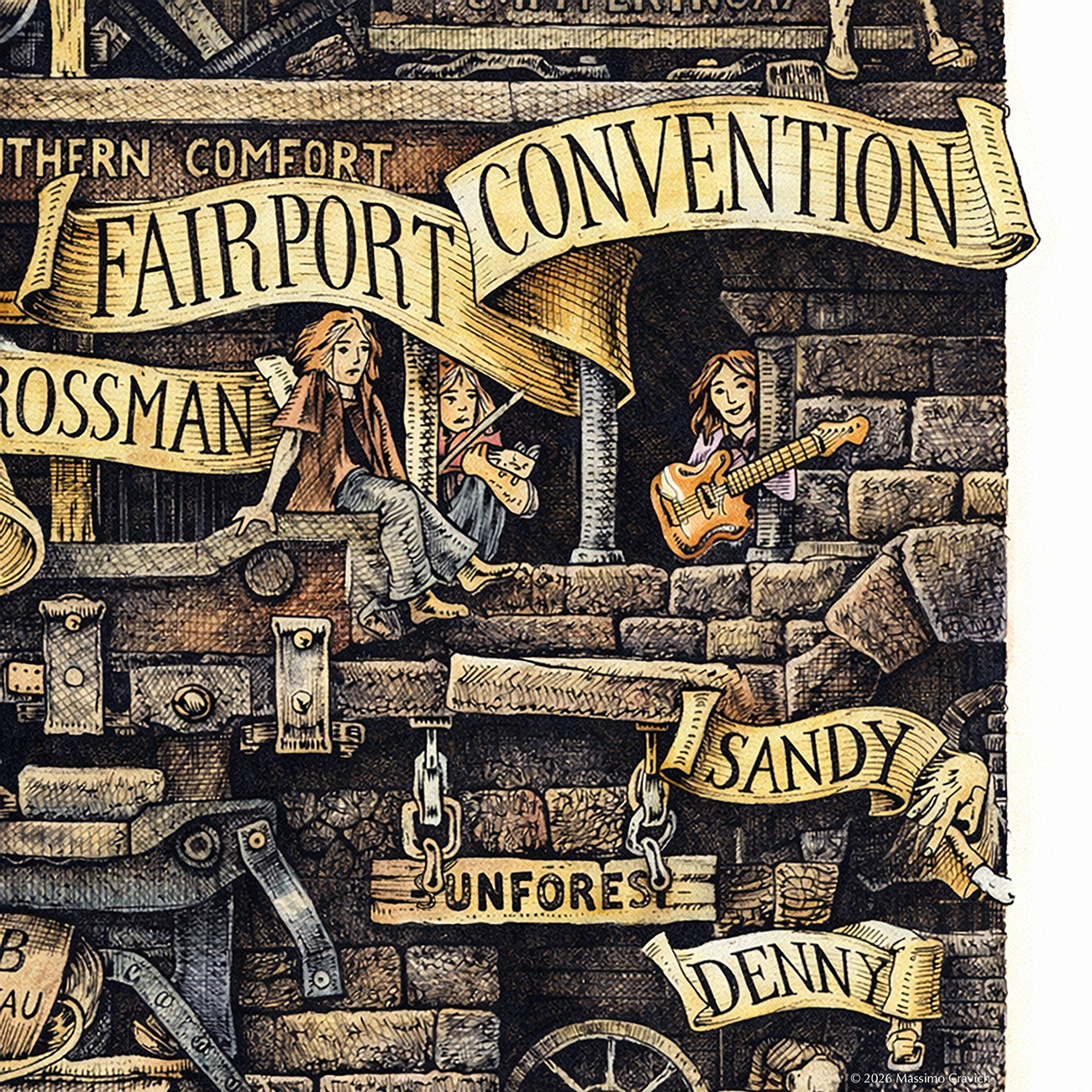 Color illustration depicting the Fairport Convention band from the drawing "The Great Rock and Roll History"