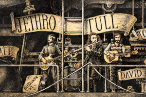 Color illustration depicting the Jethro Tull band from the drawing "The Great Rock and Roll History"