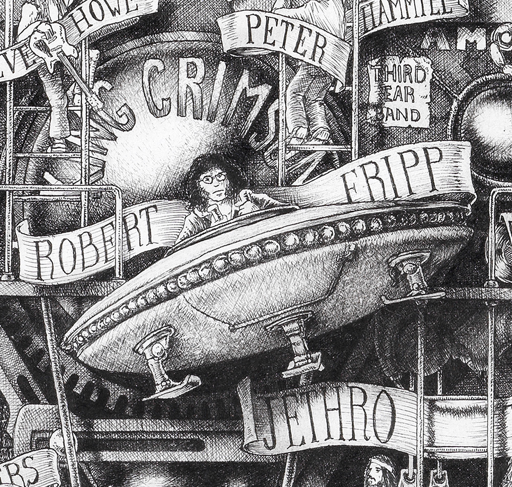 Original black and white ink drawing depicting Robert Fripp and the King Crimson from the drawing "The Great Rock and Roll History"