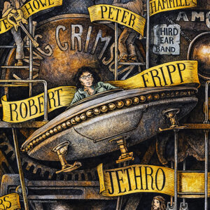 Color illustration depicting Robert Fripp and the King Crimson from the drawing "The Great Rock and Roll History"