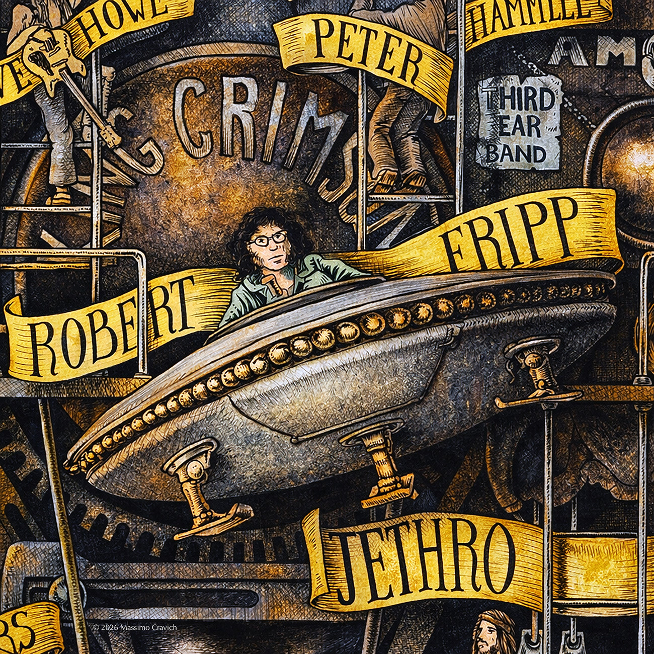 Color illustration depicting Robert Fripp and the King Crimson from the drawing "The Great Rock and Roll History"