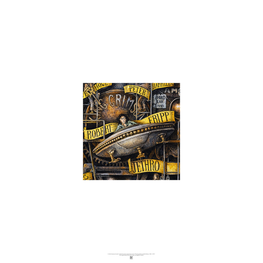 Poster depicting Robert Fripp and the King Crimson, colored and based on the original drawing "The Great Rock and Roll History"