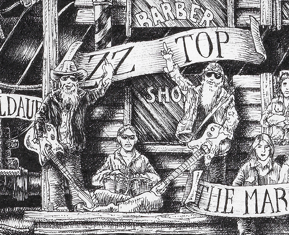 Original black and white ink drawing depicting the ZZ Top from the drawing "The Great Rock and Roll History"